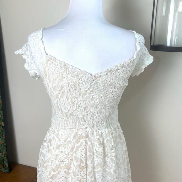 Aakaa Sz S Lace Smocked Dress Cream Ivory Short Sleeve Long Wedding Bridal - Picture 10 of 15